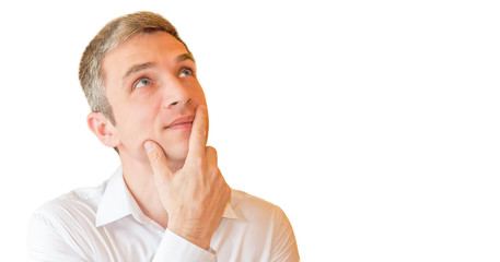 Portrait of an business man up looking up. Isolated on white