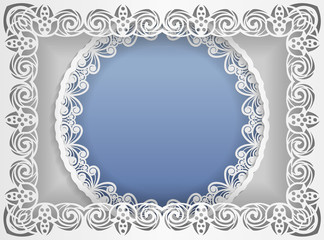 Round white frame in an rectangular frame with lace edges and a abstract background inside. Template for wedding and other congratulations. In the middle there is space for text, pictures, photos.