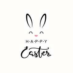 Obraz premium Hand written calligraphic lettering quote Happy Easter, with bunny face. Isolated objects on white background. Hand drawn vector illustration. Design concept, element for card, banner, invitation.