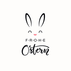 Hand written calligraphic lettering quote Frohe Ostern, Happy Easter in German, with bunny face. Isolated objects on white background. Hand drawn vector illustration. Design concept for card, banner.