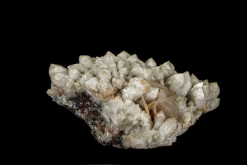 Macro mineral stone quartz calcite on a black background