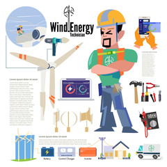 Wind Energy Technician at energy park. character desig with information about his job. typographic. wind energy set - vector illustration