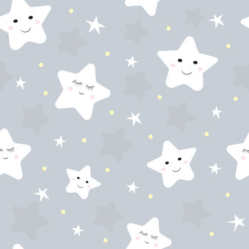 Cute stars with faces. Cartoon repeat seamless pattern for kids or baby shower. Vector illustration on pastel background. Best for kids, girl or boy.