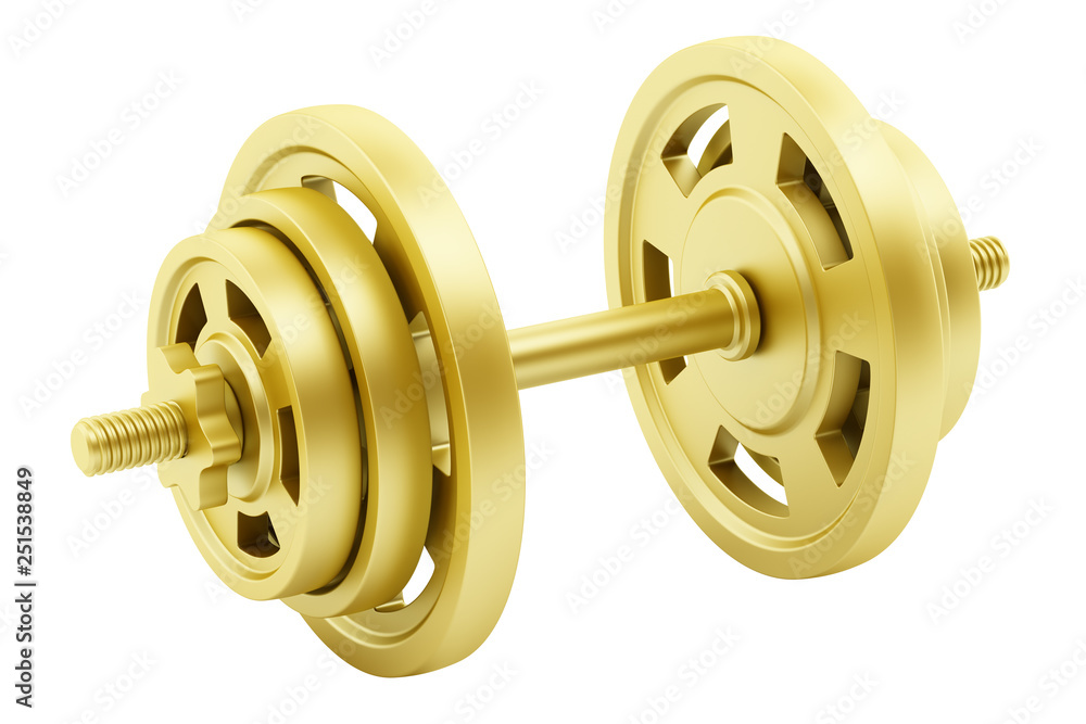 Wall mural golden dumbbell isolated on white background. 3d illustration