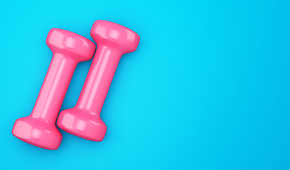 pink dumbbells isolated on blue background. 3d illustration