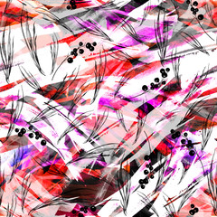 Watercolor vintage seamless background, paint splash, texture of leaves, grasses, plants, cranberry,  currants.  Abstract background, red, black, white paint splash. Fashionable pattern
