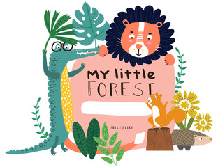 Cute Animals Lion, Crocodile, Squirrel and Pangolin happy in my little forest pattern. Vector illustration.