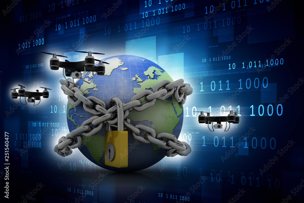 Poster 3d rendering drone or helicam with globe lock