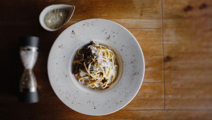 spaghetti with meat and sauce on the plate