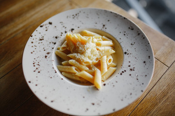 dish from pasta and cheese on the plate