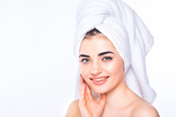 Beautiful young woman after bath on white background