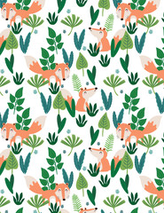 Seamless pattern with Fox, flowers,palm branch, leaves. floral texture. Great for fabric, textile Vector Illustration.