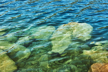 Fototapeta na wymiar crystal clear blue cool water at the shore of a wild lake in a quarry without people with steep rocky beaches and large boulders on a summer warm day