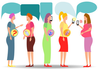A group of pregnant women looking for answers in smartphones. question answer online doctor