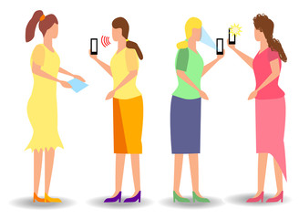 Obraz premium Girl taking selfie, pixel art. Woman recording video taking photo on phone camera texting making video call, watching phone screen.