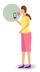 woman hold phone intelligent voice personal assistant recognition soundwaves technology concept, artificial intelligence, copy space