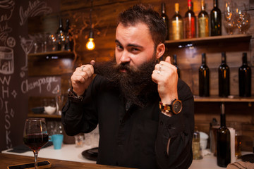 Attractive bartender playing with his long beard behind the counter.
