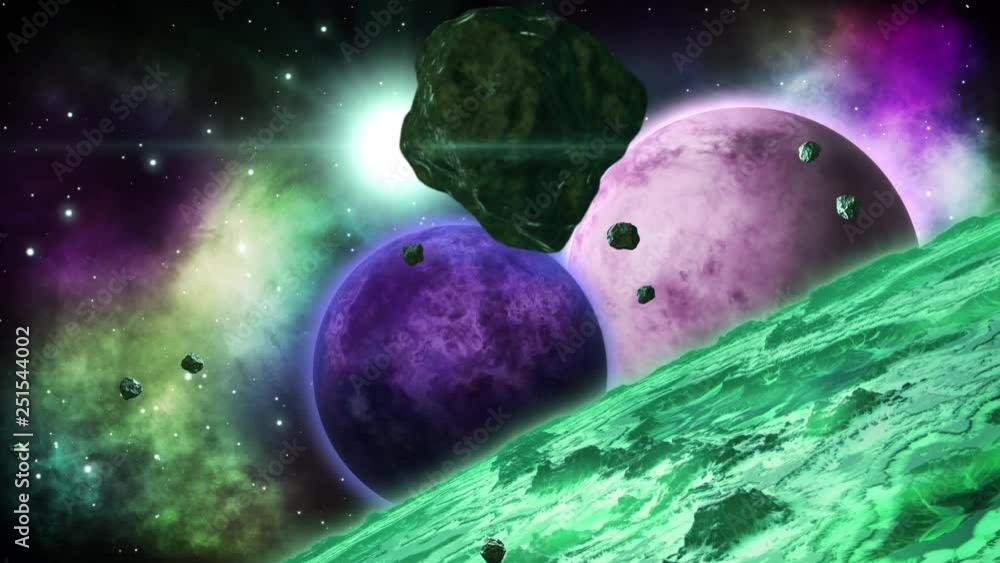 Canvas Prints green huge alien planet with several planets behind. space art collection. loop.