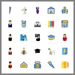 25 college icon. Vector illustration college set. teacher and colored pencils icons for college works