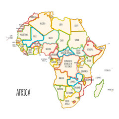 Colorful hand drawn political map of Africa.