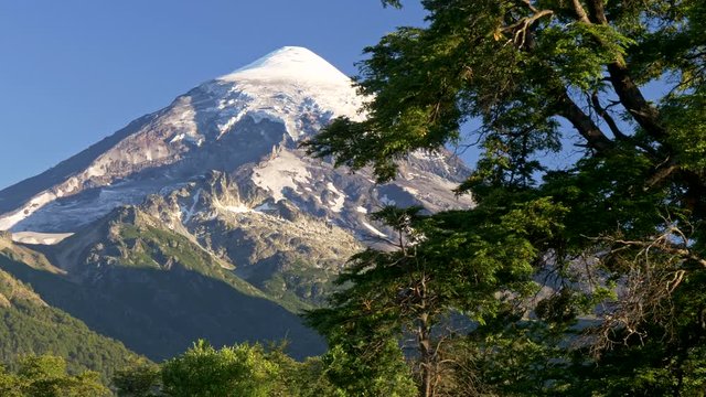 Gimbal shot of Lanin volcano in Lanin national park. Argentina, Patagonia, Lake district. UHD 4K