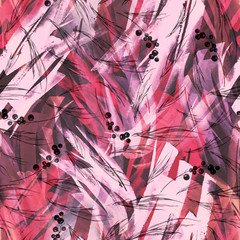Watercolor vintage seamless background, paint splash, texture of leaves, grasses, plants, cranberry,  currants.  Abstract background, red, black, white paint splash. Fashionable pattern
