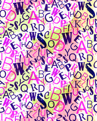 Grunge colorful seamless alphabet vector pattern. Bright repeating random letters  texture.
