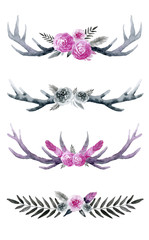 Fototapeta premium watercolor illustration - four arrangements in boho style with antlers, leaves and feathers. For wedding invitations, printing, scrapbooking in western boho style