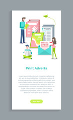 Print adverts website, people reading papers with news. Screen of web page with publication, man and woman holding newspaper, special offer magazine vector