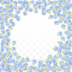 Vector Realistic Blue Petals Falling on Transparent Background.  Spring Romantic Flowers Illustration. Flying Petals. Sakura Spa Design. Blossom Confetti.