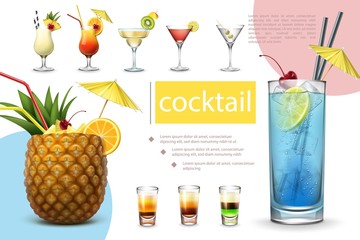 Realistic Summer Cocktails Collection - obrazy, fototapety, plakaty