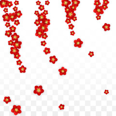Vector Realistic Red Flowers Falling on Transparent Background.  Spring Romantic Flowers Illustration. Flying Asian Rose Spa Design. Blossom Confetti. Design Elements for Wedding Decoration.