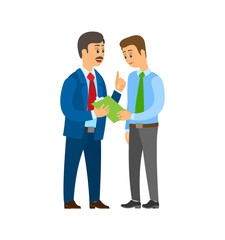 Boss company leader talking to office worker man wearing suit vector. People discussing business ideas and strategy planning. Clipboard with pages