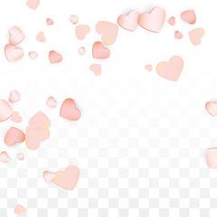 Love Hearts Confetti Falling Background. St. Valentine's Day pattern Romantic Scattered Hearts. Vector Illustration for Cards, Banners, Posters, Flyers for Wedding, Anniversary, Birthday Party, Sales.