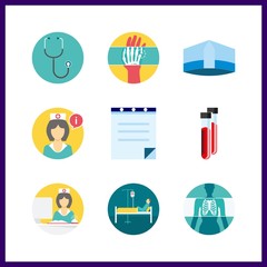 9 physician icon. Vector illustration physician set. blood analysis and doctor hat icons for physician works