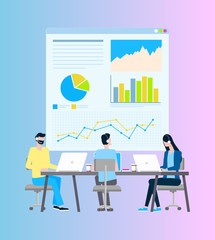 Internet transactions and payments vector, online operators. Men and woman in headset at laptops, desktop with coffee cups and graphics and charts