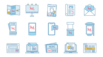 Advertising channels color icons set
