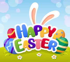 Happy Easter card with bunny ears and eggs