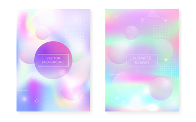 Bauhaus cover set with liquid shapes. Dynamic holographic fluid with gradient memphis background.