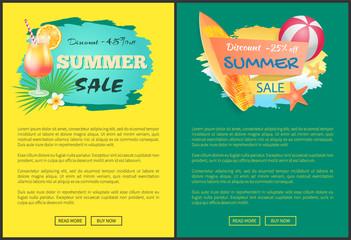 Fototapeta premium Summer sale web posters cocktail and surfboard, inflatable ball and starfish, palm leaves and flowers. Vector promo leaflets with summertime attributes