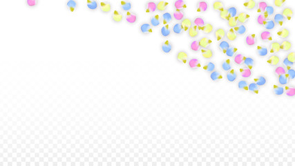 Vector Realistic Colorful Petals Falling on Transparent Background.  Spring Romantic Flowers Illustration. Flying Petals. Sakura Spa Design. Blossom Confetti. Design Elements for Wedding Decoration.
