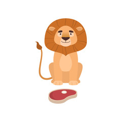 Big lion sitting in front slab of meat isolated on white background