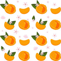 Seamless pattern with tangerines, flowers and leaves. Fruit Background in Vector