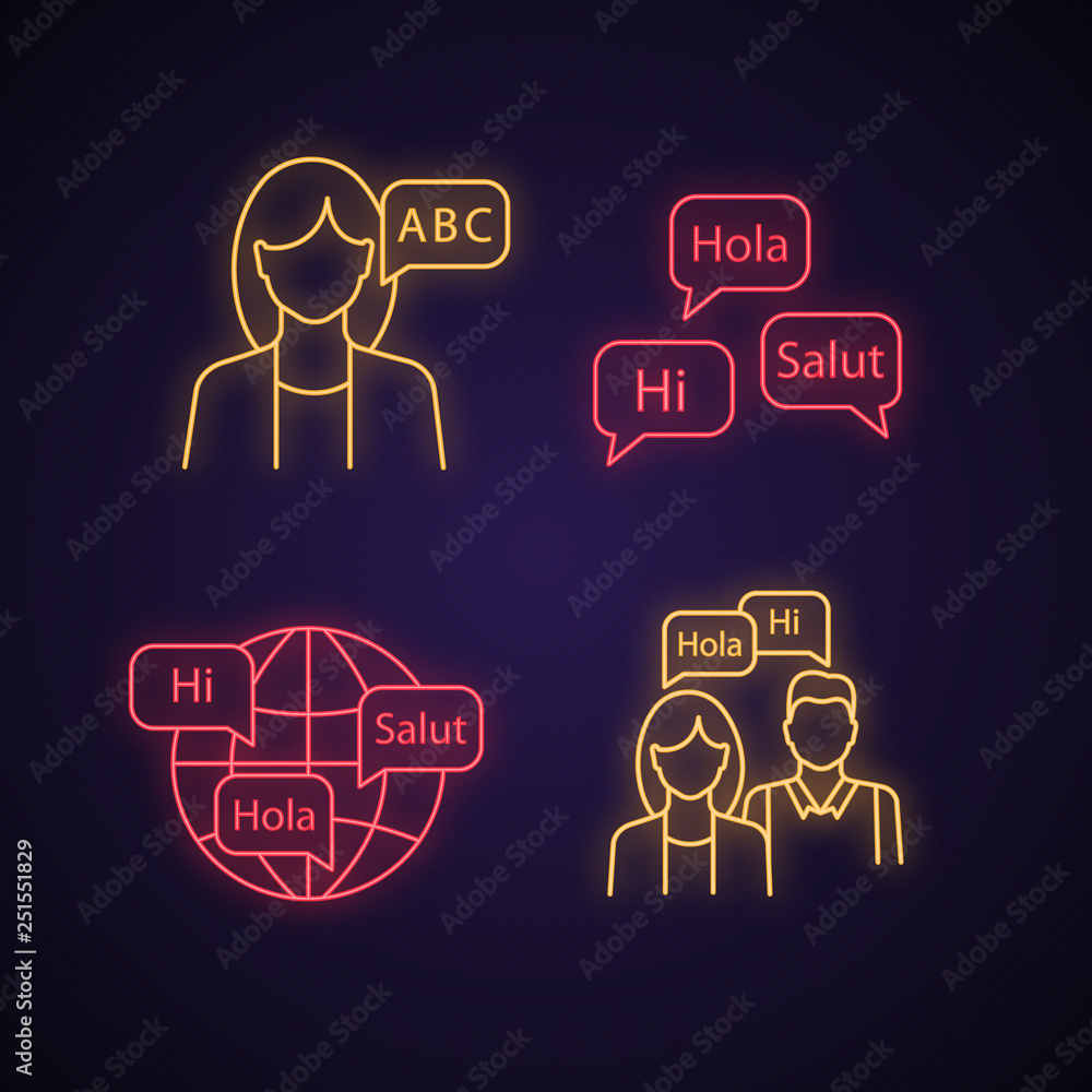 Poster foreign language learning neon light icons set