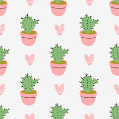 Vector seamless pattern with cactuses in flower pots and hearts on light background