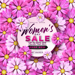Womens Day Sale design with Beautiful Colorful Flower on Pink Background. Vector Floral Illustration Template for Coupon, Banner, Voucher or Promotional Poster.