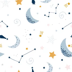 Foto op Plexiglas Kosmos Naadloos kinderachtig patroon met sterrenhemel, maan. Creatieve kindertextuur voor stof, verpakking, textiel, behang, kleding. vector illustratie