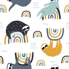 Seamless childish pattern with funny sloths on rainbows. Creative kids texture for fabric, wrapping, textile, wallpaper, apparel. Vector illustration