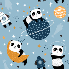 Seamless childish pattern with slepping pandas on moons and starry sky. Creative kids texture for fabric, wrapping, textile, wallpaper, apparel. Vector illustration