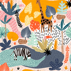 Nahtloses Muster mit Giraffe, Zebra, Tukan und tropischer Landschaft. Kindische Textur des kreativen Dschungels. Ideal für Stoff, Textil-Vektor-Illustration